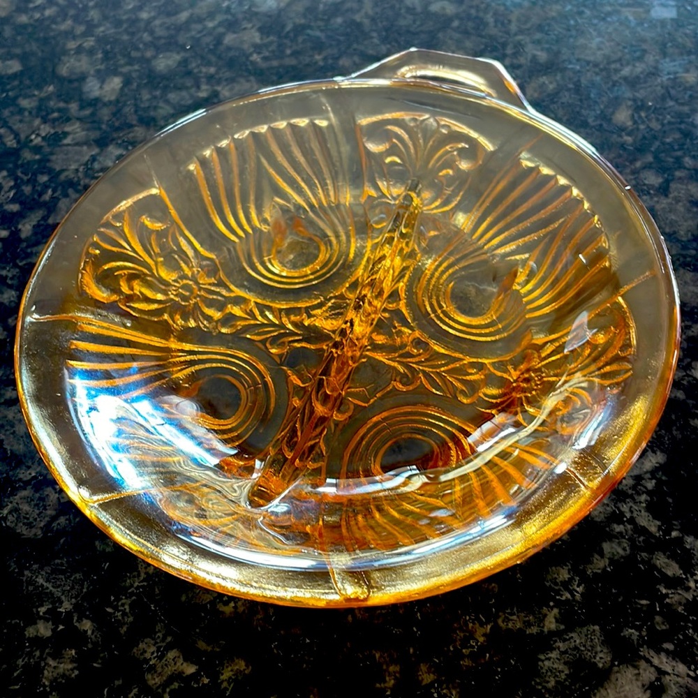 1950s Indiana‎ Glass "Killarney" Amber 2-part, footed Relish Dish